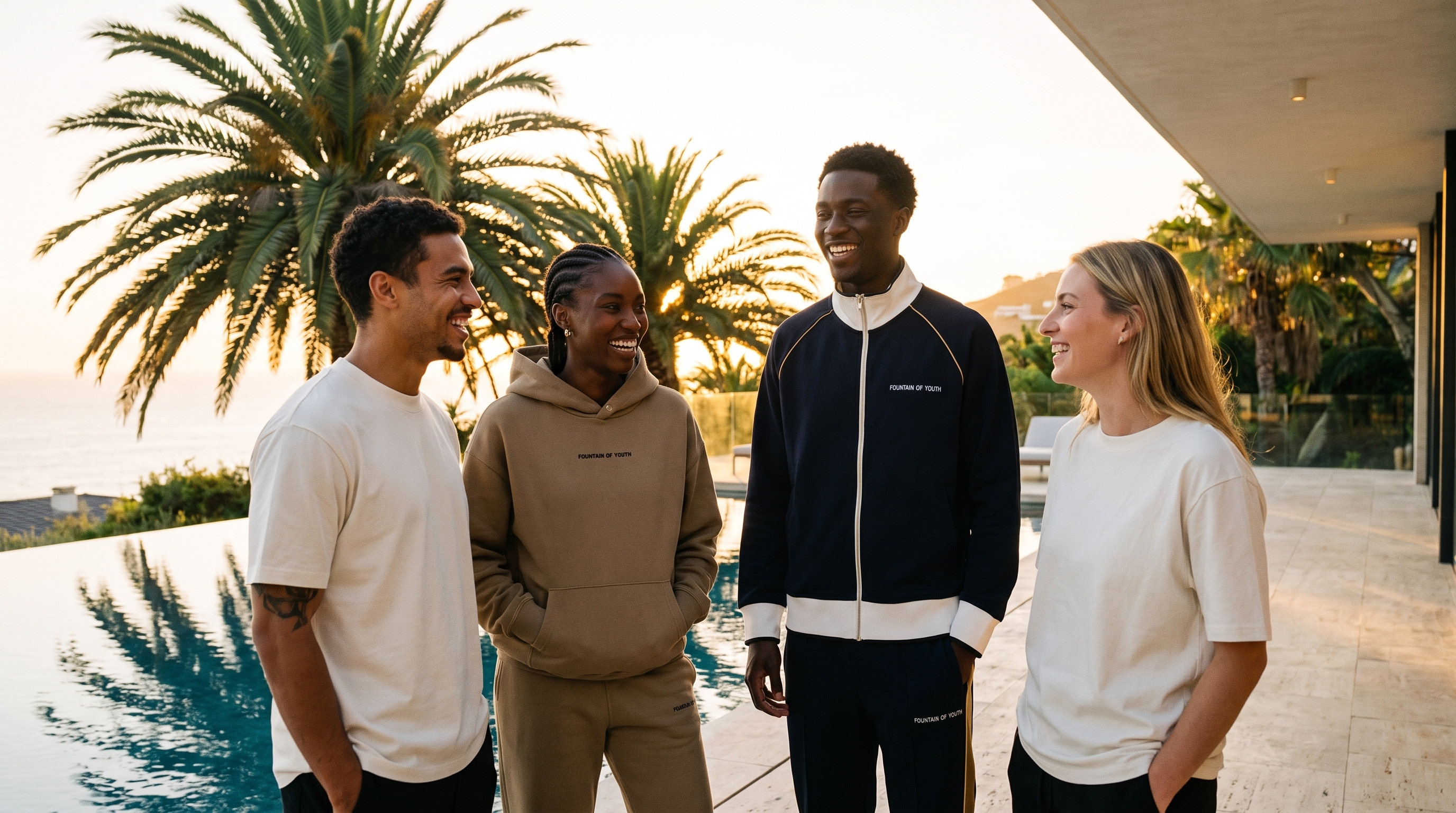 Friends at golden hour wearing the FOY Court Jacket and Essential Hoodie