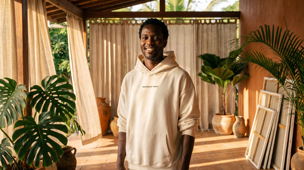 A maker in his open-air studio wearing the off-white Essential Hoodie