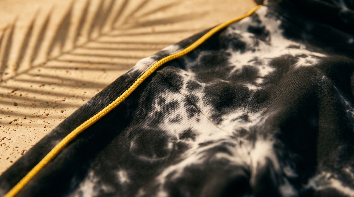 Marble-dyed heavy cotton in close-up — no two pieces alike